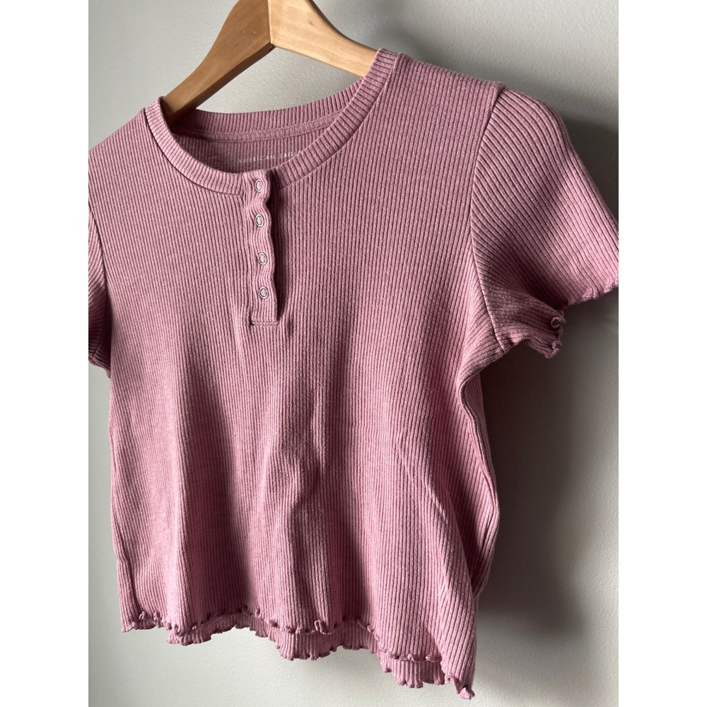 American‎ Eagle Dusty Rose Pink Ribbed Henley Cropped T Shirt Lettuce Hem Tee XS - Picture 3 of 10